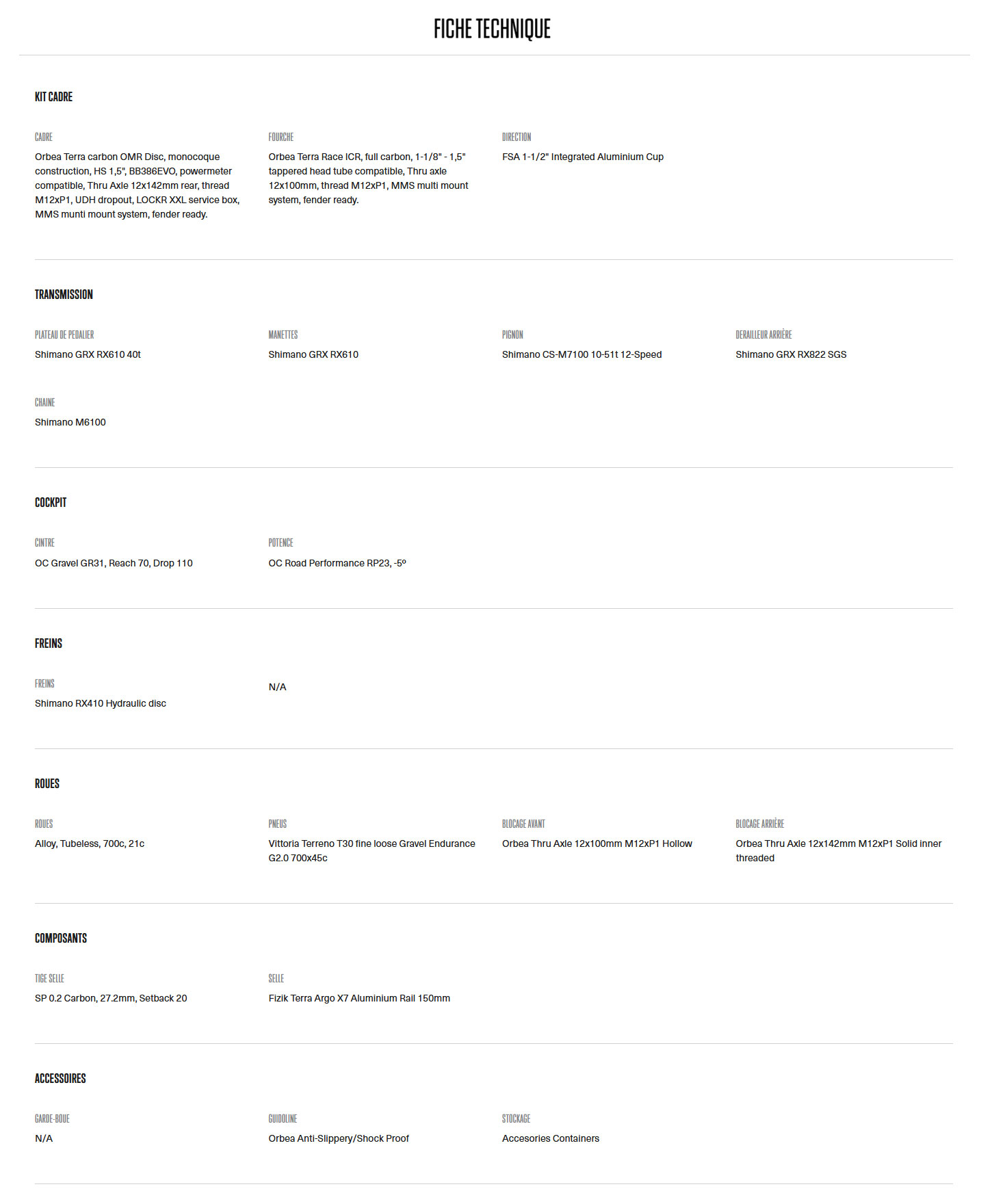 Caractéristique technique du vélo Terra M30TEAM 1X année 2026